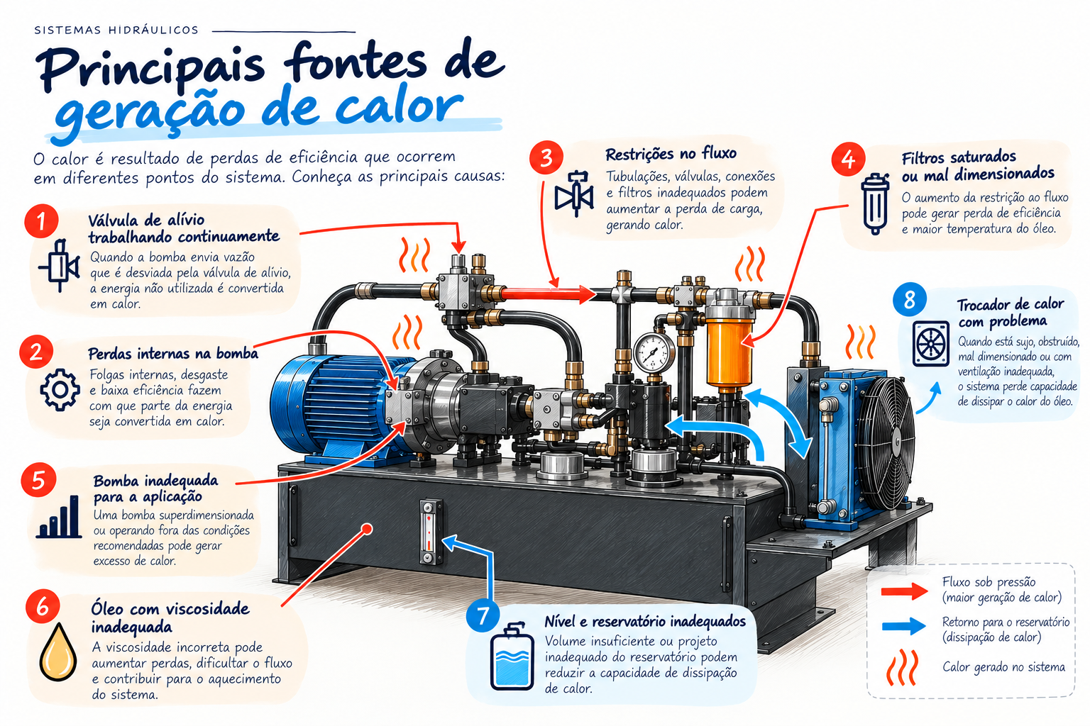 Infográfico das principais fontes de geração de calor em um sistema hidráulico industrial, incluindo bomba, filtros, válvula de alívio e trocador de calor.